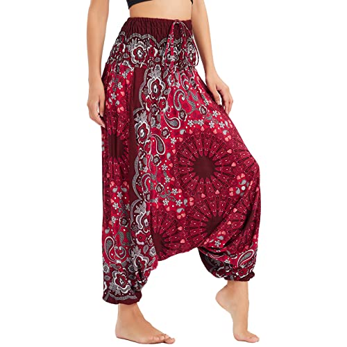 Nuofengkudu Damen Tiefer Schritt Hippie Haremshose Baggy Bunte Harem Jumpsuit Viskose Hose Leicht Dünn Luftig Wahrsagerin Kostüm Hosen Sommerhose Yogahose Haushose Einheitsgröße MTL-Blume Weinrot von Nuofengkudu