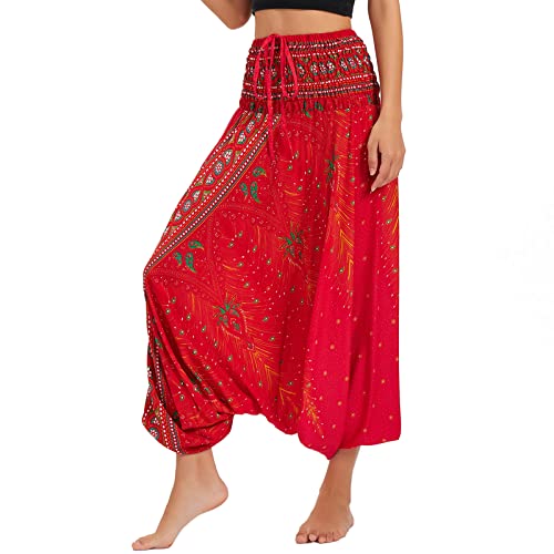 Nuofengkudu Damen Tiefer Schritt Hippie Haremshose Baggy Bunte Harem Jumpsuit Viskose Hose Leicht Dünn Luftig Wahrsagerin Kostüm Hosen Sommerhose Yogahose Haushose Einheitsgröße N Pfau Rot von Nuofengkudu