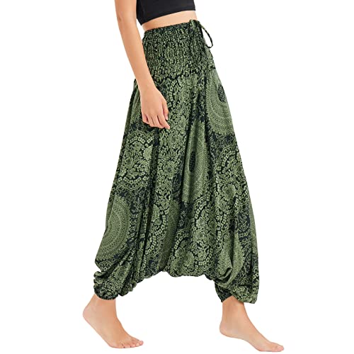 Nuofengkudu Damen Tiefer Schritt Hippie Haremshose Baggy Bunte Harem Jumpsuit Viskose Hose Leicht Dünn Luftig Wahrsagerin Kostüm Hosen Sommerhose Yogahose Haushose Einheitsgröße Rosen Dunkel Grün von Nuofengkudu
