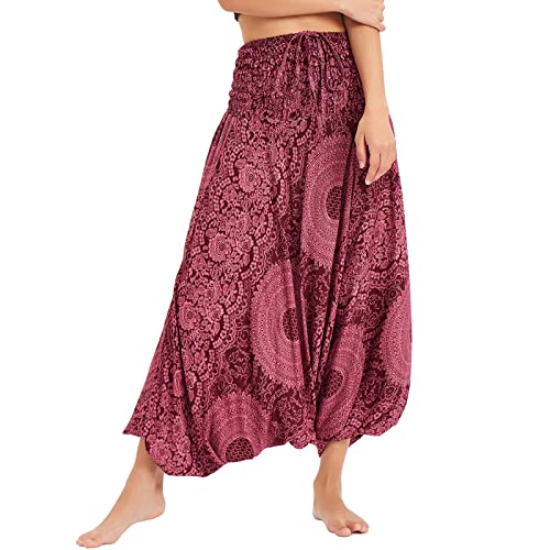 Nuofengkudu Damen Tiefer Schritt Hippie Haremshose Baggy Bunte Harem Jumpsuit Viskose Hose Leicht Dünn Luftig Wahrsagerin Kostüm Hosen Sommerhose Yogahose Haushose Einheitsgröße Rosen Rosa von Nuofengkudu