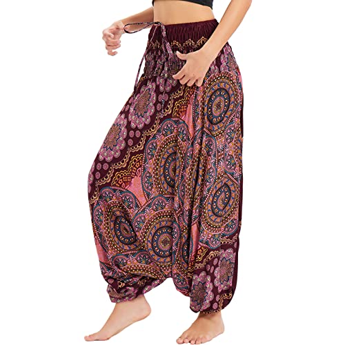 Nuofengkudu Damen Tiefer Schritt Hippie Haremshose Baggy Bunte Harem Jumpsuit Viskose Hose Leicht Dünn Luftig Wahrsagerin Kostüm Hosen Sommerhose Yogahose Haushose Einheitsgröße Blumen WeinRot von Nuofengkudu