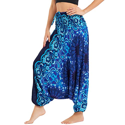 Nuofengkudu Damen Tiefer Schritt Hippie Haremshose Baggy Bunte Harem Jumpsuit Viskose Hose Leicht Dünn Luftig Wahrsagerin Kostüm Hosen Sommerhose Yogahose Haushose Einheitsgröße MTL-Blume Blau von Nuofengkudu