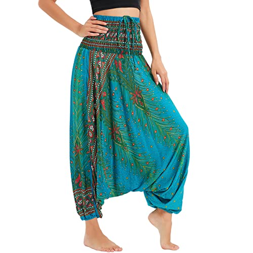 Nuofengkudu Damen Tiefer Schritt Hippie Haremshose Baggy Bunte Harem Jumpsuit Viskose Hose Leicht Dünn Luftig Wahrsagerin Kostüm Hosen Sommerhose Yogahose Haushose Einheitsgröße N Pfau Grün Fehlt von Nuofengkudu