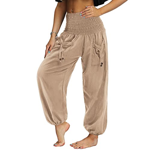 Nuofengkudu Damen Hippie High Waist Haremshose Leicht Pumphose Harem Hosen Locker Schlicht Baggy Boho Viskose Pluderhose Yoga Pants Sommerhose Freizeithose Pyjamahose Thaihose Homewear Aprikose M von Nuofengkudu
