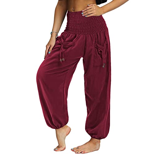 Nuofengkudu Damen Hippie High Waist Haremshose Leicht Pumphose Harem Hosen Locker Schlicht Baggy Boho Viskose Pluderhose Yoga Pants Sommerhose Freizeithose Pyjamahose Thaihose Homewear Rot L von Nuofengkudu