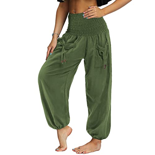 Nuofengkudu Damen Hippie High Waist Haremshose Leicht Pumphose Harem Hosen Locker Schlicht Baggy Viskose Pluderhose Yoga Pants Sommerhose Freizeithose Pyjamahose Homewear Dunkelgrün M von Nuofengkudu