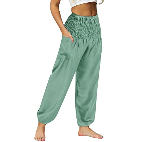 Nuofengkudu Damen Hippie High Waist Haremshose Leicht Pumphose Harem Hosen Locker Schlicht Baggy Viskose Pluderhose Yoga Pants Sommerhose Freizeithose Pyjamahose Homewear Hellgrün M von Nuofengkudu