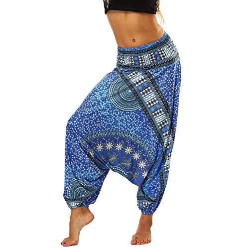 Nuofengkudu Damen Thai Hippie Pumphose Haremshose Aladinhose Gemustert Niedriger Schritt Leicht Luftig Yogahose Sommerhose Blau Blume von Nuofengkudu