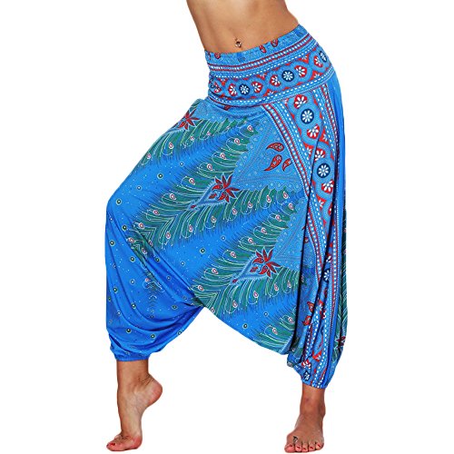 Nuofengkudu Damen Thai Hippie Pumphose Haremshose Aladinhose Gemustert Niedriger Schritt Leicht Luftig Sommerhose Freizeithose Blau Pfau von Nuofengkudu