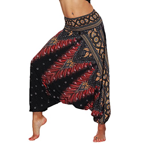 Nuofengkudu Damen Thai Hippie Pumphose Haremshose Aladinhose Gemustert Niedriger Schritt Leicht Luftig Sommerhose Freizeithose Schwarz Pfau von Nuofengkudu