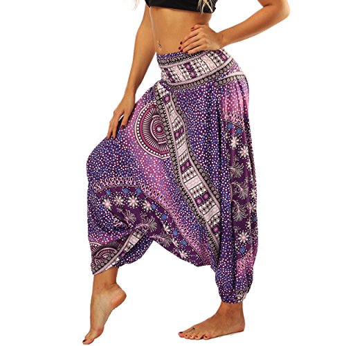 Nuofengkudu Damen Thai Hippie Pumphose Haremshose Aladinhose Gemustert Niedriger Schritt Leicht Luftig Yogahose Sommerhose Violett Blume von Nuofengkudu