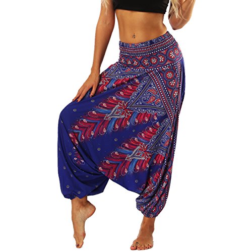 Nuofengkudu Damen Thai Hippie Pumphose Haremshose Aladinhose Gemustert Niedriger Schritt Leicht Luftig Yogahose Sommerhose Violett Pfau von Nuofengkudu