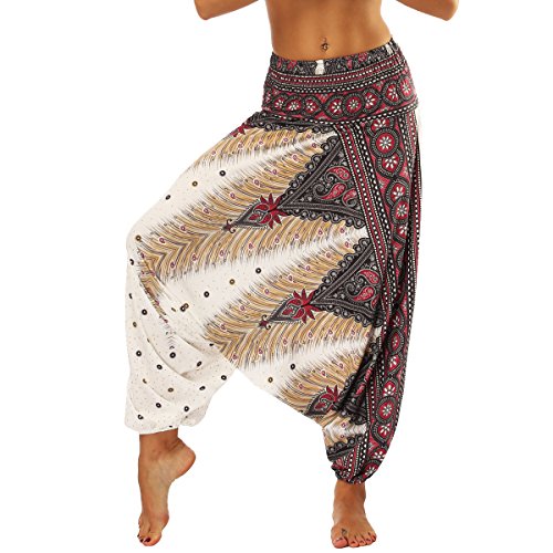 Nuofengkudu Damen Thai Hippie Pumphose Haremshose Aladinhose Gemustert Niedriger Schritt Leicht Luftig Sommerhose Stoffhose Braun Pfau von Nuofengkudu