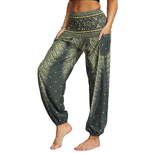 Nuofengkudu Damen Hippie Hosen mit Taschen Haremshosen Leichte Boho Muster Bunt High Waist Yogahosen Sommer Lockere Umstandshose Freizeithose (Grün C,One Size) von Nuofengkudu