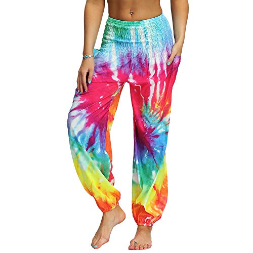 Nuofengkudu Damen Hippie Hosen mit Taschen Haremshosen Leichte Boho Muster Bunt High Waist Yogahosen Sommer Lockere Umstandshose Freizeithose (Regenbogen B,One Size) von Nuofengkudu