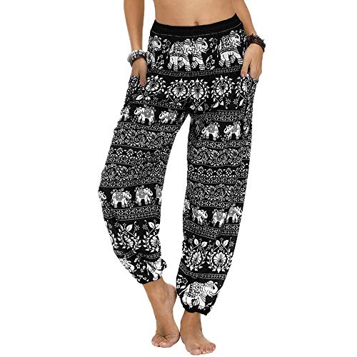 Nuofengkudu Damen Hippie Hosen mit Taschen Haremshosen Leichte Boho Muster Bunt High Waist Yogahosen Sommer Lockere Umstandshose Freizeithose (Schwarzer Elefant,One Size) von Nuofengkudu