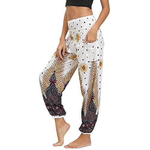 Nuofengkudu Damen Hippie Hosen mit Taschen Haremshosen Leichte Boho Muster Bunt High Waist Yogahosen Sommer Lockere Umstandshose Freizeithose (Weißer Pfau,One Size) von Nuofengkudu