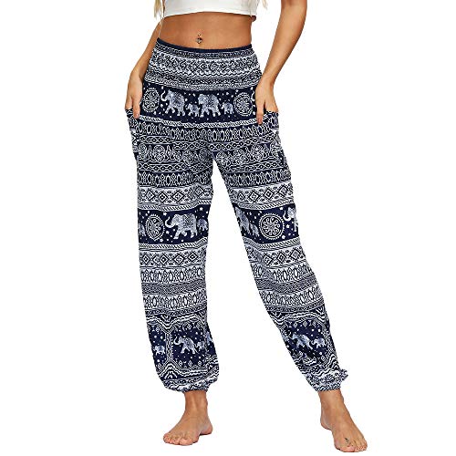 Nuofengkudu Damen Hippie Hosen mit Taschen Haremshosen Yogahosen Leichte Boho Muster High Waist Yoga Hosen Bunt Gemustert Lockere Pumphose Freizeithose Sommer Strand(X-Blauer Elefant,One Size) von Nuofengkudu