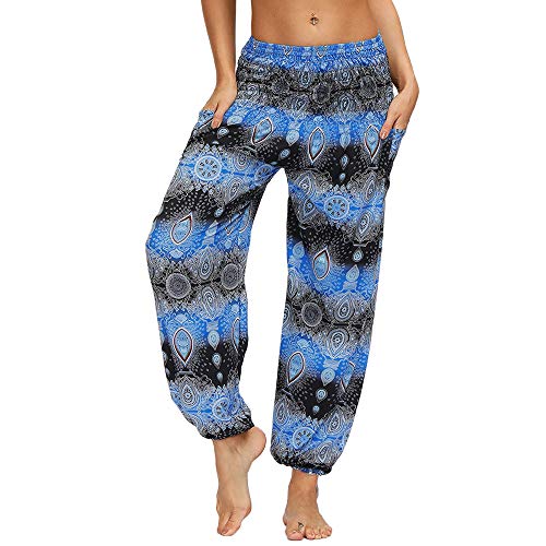 Nuofengkudu Damen Hippie Hosen mit Taschen Haremshosen Yogahosen Leichte Boho Muster High Waist Yoga Hosen Bunt Gemustert Lockere Pumphose Freizeithose Sommer Strand(X-Blaues Wasser,One Size) von Nuofengkudu