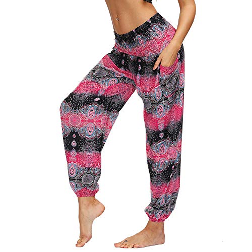 Nuofengkudu Damen Hippie Hosen mit Taschen Haremshosen Yogahosen Leichte Boho Muster High Waist Yoga Hosen Bunt Gemustert Lockere Pumphose Freizeithose Sommer Strand(X-Rosenwasser,One Size) von Nuofengkudu