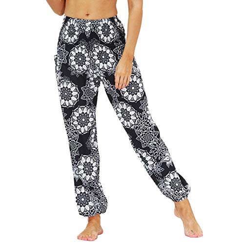 Nuofengkudu Damen Hippie Hosen mit Taschen Haremshosen Yogahosen Leichte Boho Muster High Waist Yoga Hosen Bunt Gemustert Lockere Pumphose Freizeithose Sommer Strand(Y-Muster 02,One Size) von Nuofengkudu