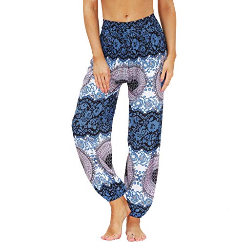 Nuofengkudu Damen Hippie Hosen mit Taschen Haremshosen Yogahosen Leichte Boho Muster High Waist Yoga Hosen Bunt Gemustert Lockere Pumphose Freizeithose Sommer Strand(Y-Muster 06,One Size) von Nuofengkudu
