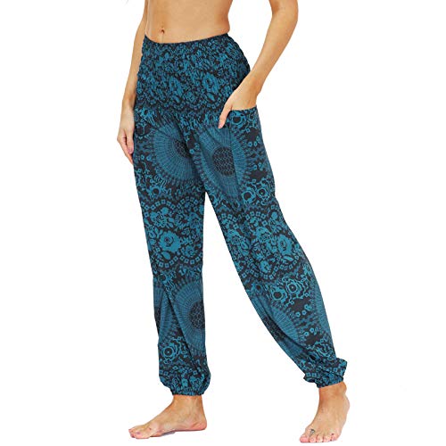 Nuofengkudu Damen Hippie Hosen mit Taschen Haremshosen Yogahosen Leichte Boho Muster High Waist Yoga Hosen Bunt Gemustert Lockere Pumphose Freizeithose Sommer Strand(Y-Muster 09,One Size) von Nuofengkudu