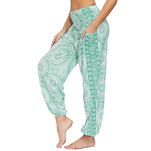 Nuofengkudu Damen Hippie Hosen mit Taschen Haremshosen Yogahosen Leichte Boho Muster High Waist Yoga Hosen Bunt Gemustert Lockere Pumphose Freizeithose Sommer Strand(Z-Hellgrün,Einheitsgröße) von Nuofengkudu