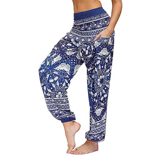 Nuofengkudu Damen Hippie Hosen mit Taschen Haremshosen Yogahosen Leichte Boho Muster High Waist Yoga Hosen Bunt Gemustert Lockere Pumphose Freizeithose Sommer Strand(Z-Navy Blau,Einheitsgröße) von Nuofengkudu