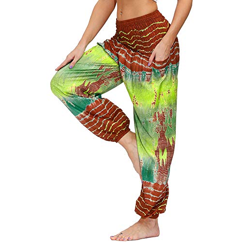 Nuofengkudu Damen Hippie Hosen mit Taschen Haremshosen Yogahosen Leichte Boho Muster High Waist Yoga Hosen Bunt Gemustert Lockere Pumphose Freizeithose Sommer Strand(Z-Orange Grün,Einheitsgröße) von Nuofengkudu