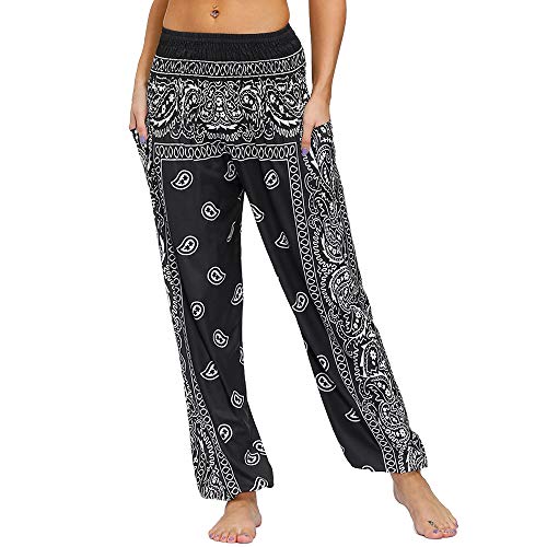 Nuofengkudu Damen Hippie Hosen mit Taschen Haremshosen Yogahosen Leichte Boho Muster High Waist Yoga Hosen Bunt Gemustert Lockere Pumphose Freizeithose Sommer Strand(Z-Schwarz,Einheitsgröße) von Nuofengkudu