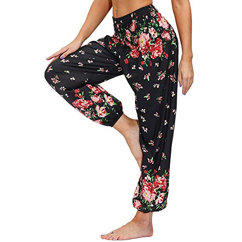 Nuofengkudu Damen Hippie Hosen mit Taschen Haremshosen Yogahosen Leichte Boho Muster High Waist Yoga Hosen Bunt Gemustert Lockere Pumphose Freizeithose Sommer Strand(Z-Schwarze Blume,Einheitsgröße) von Nuofengkudu