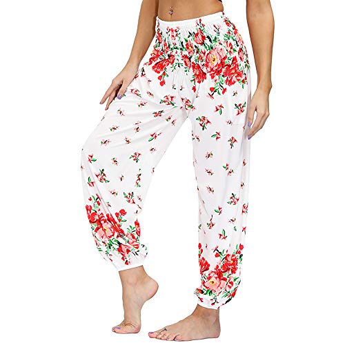 Nuofengkudu Damen Hippie Hosen mit Taschen Haremshosen Yogahosen Leichte Boho Muster High Waist Yoga Hosen Bunt Gemustert Lockere Pumphose Freizeithose Sommer Strand(Z-Weiße Rosa Blume,Einheitsgröße) von Nuofengkudu