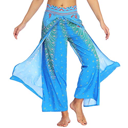 Nuofengkudu Damen Sommerhose Hippie Lange Hosen mit Schlitz Lockere Weites Bein Palazzo Bunt Flowy Yogahose Luftige Elegant Leicht Freizeit Sommer Strand Urlaub(Blau Pfau,Größe M,Etikett S/M) von Nuofengkudu