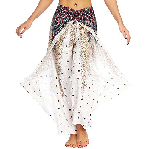 Nuofengkudu Damen Sommerhose Hippie Lange Hosen mit Schlitz Lockere Weites Bein Palazzo Bunt Flowy Yogahose Luftige Elegant Leicht Freizeit Sommer Strand Urlaub(Braun Pfau,Größe XL,Etikett L/XL) von Nuofengkudu