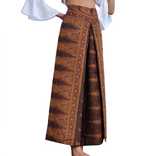 Nuofengkudu Damen Sommerhose Hippie Lange Hosen mit Schlitz Lockere Weites Bein Palazzo Bunt Flowy Yogahose Luftige Elegant Leicht Freizeit Sommer Strand Urlaub(Braun Pfau B,Größe XL,Etikett L/XL) von Nuofengkudu