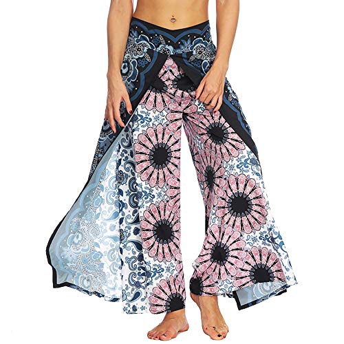 Nuofengkudu Damen Sommerhose Hippie Lange Hosen mit Schlitz Lockere Weites Bein Palazzo Bunt Flowy Yogahose Luftige Leicht Freizeit Sommer Strand Urlaub(Dunkelblau Floral,Größe XL,Etikett L/XL) von Nuofengkudu