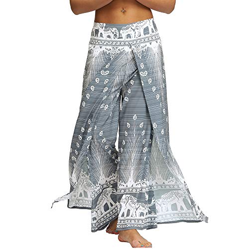 Nuofengkudu Damen Sommerhose Hippie Lange Hosen mit Schlitz Lockere Weites Bein Palazzo Bunt Flowy Yogahose Luftige Elegant Leicht Freizeit Sommer Strand Urlaub(Grau Pfau,Größe M,Etikett S/M) von Nuofengkudu