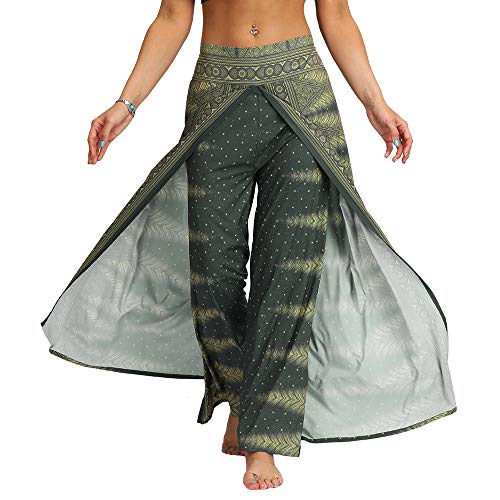 Nuofengkudu Damen Sommerhose Hippie Lange Hosen mit Schlitz Lockere Weites Bein Palazzo Bunt Flowy Yogahose Luftige Elegant Leicht Freizeit Sommer Strand Urlaub(Grün,Größe XL,Etikett L/XL) von Nuofengkudu