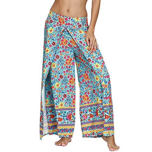 Nuofengkudu Damen Sommerhose Hippie Lange Hosen mit Schlitz Lockere Weites Bein Palazzo Bunt Flowy Yogahose Luftige Elegant Leicht Freizeit Sommer Strand Urlaub(Grün Floral,Größe M,Etikett S/M) von Nuofengkudu