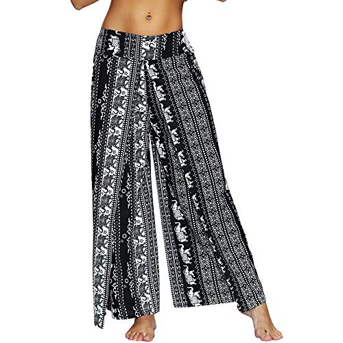 Nuofengkudu Damen Sommerhose Hippie Lange Hosen mit Schlitz Lockere Weites Bein Palazzo Bunt Flowy Yogahose Luftige Elegant Leicht Freizeit Sommer Strand Urlaub(Schwarz Elefant,Größe M,Etikett S/M) von Nuofengkudu