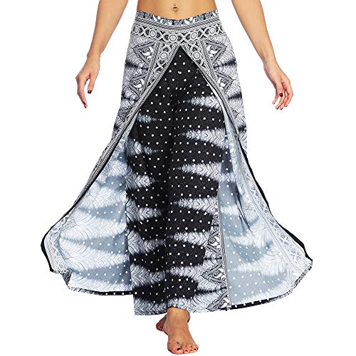 Nuofengkudu Damen Sommerhose Hippie Lange Hosen mit Schlitz Lockere Weites Bein Palazzo Bunt Flowy Yogahose Luftige Leicht Freizeit Sommer Strand Urlaub(Schwarz Ethnisch,Größe M,Etikett S/M) von Nuofengkudu