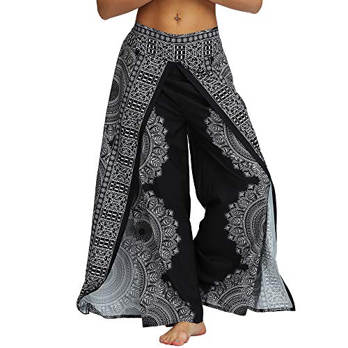 Nuofengkudu Damen Sommerhose Hippie Lange Hosen mit Schlitz Lockere Weites Bein Palazzo Bunt Flowy Yogahose Luftige Leicht Freizeit Sommer Strand Urlaub(Schwarz Floral A,Größe M,Etikett S/M) von Nuofengkudu