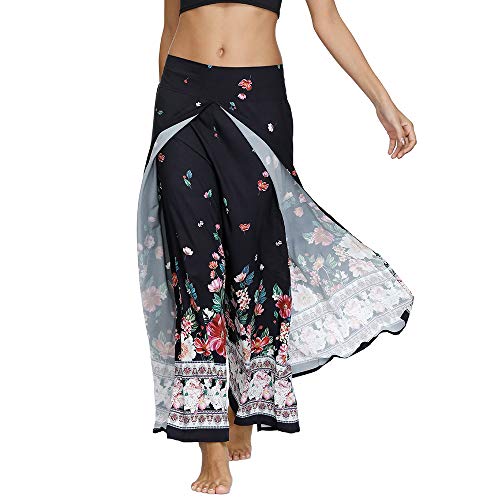 Nuofengkudu Damen Sommerhose Hippie Lange Hosen mit Schlitz Lockere Weites Bein Palazzo Bunt Flowy Yogahose Luftige Leicht Freizeit Sommer Strand Urlaub(Schwarz Floral C,Größe M,Etikett S/M) von Nuofengkudu