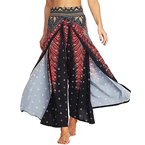 Nuofengkudu Damen Sommerhose Hippie Lange Hosen mit Schlitz Lockere Weites Bein Palazzo Bunt Flowy Yogahose Luftige Elegant Leicht Freizeit Sommer Strand Urlaub(Schwarz Pfau A,Größe XL,Etikett L/XL) von Nuofengkudu