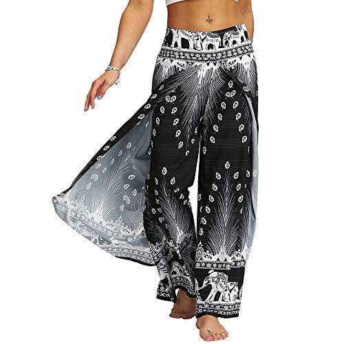 Nuofengkudu Damen Sommerhose Hippie Lange Hosen mit Schlitz Lockere Weites Bein Palazzo Bunt Flowy Yogahose Luftige Elegant Leicht Freizeit Sommer Strand Urlaub(Schwarz Pfau B,Größe M,Etikett S/M) von Nuofengkudu