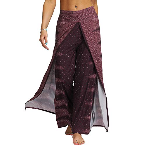 Nuofengkudu Damen Sommerhose Hippie Lange Hosen mit Schlitz Lockere Weites Bein Palazzo Bunt Flowy Yogahose Luftige Elegant Leicht Freizeit Sommer Strand Urlaub(Violett,Größe XL,Etikett L/XL) von Nuofengkudu