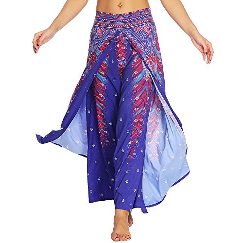 Nuofengkudu Damen Sommerhose Hippie Lange Hosen mit Schlitz Lockere Weites Bein Palazzo Bunt Flowy Yogahose Luftige Elegant Leicht Freizeit Sommer Strand Urlaub(Violett Pfau,Größe XL,Etikett L/XL) von Nuofengkudu