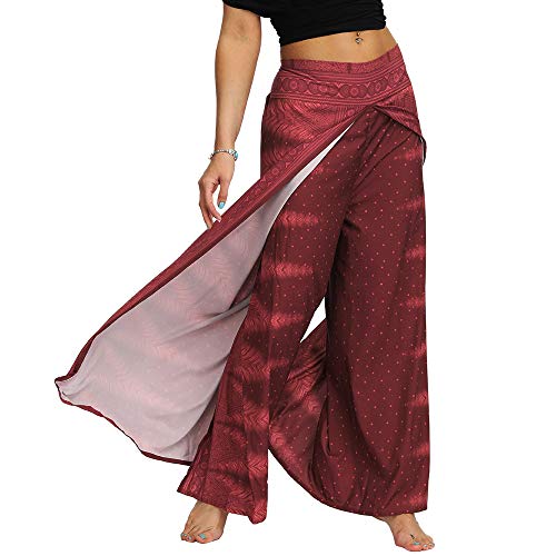 Nuofengkudu Damen Sommerhose Hippie Lange Hosen mit Schlitz Lockere Weites Bein Palazzo Bunt Flowy Yogahose Luftige Elegant Leicht Freizeit Sommer Strand Urlaub(Weinrot,Größe XL,Etikett L/XL) von Nuofengkudu