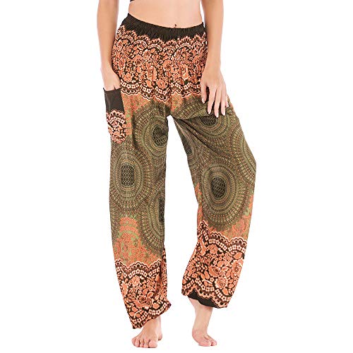 Nuofengkudu Damen Hippie Pumphosen mit Taschen Muster High Waist Haremshose Boho Luftige Bequeme Luftige Sommer Thai Hosen Yogahose Strandhosen Festlich(Dunkelgrün Runde,Einheitsgröße) von Nuofengkudu